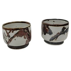 Vtg Set 2 Louis Mideke Studio Pottery Splatter Glaze Oriental Asian Inspired Cup