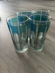Libbey Glass Vintage Turquoise and Green and Gold Glassware & Drinkware 4p Set