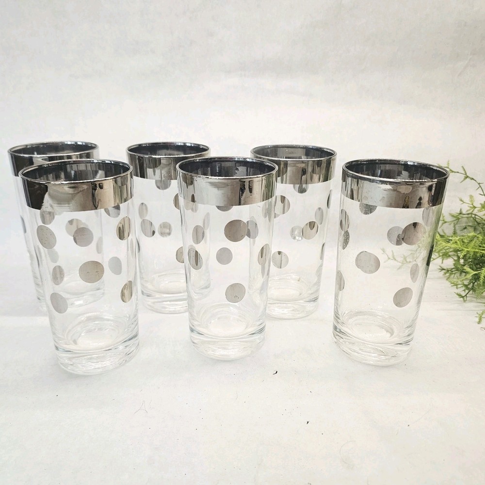 6 MCM Dorothy Thorpe 1960’s Highball Tumbler Silver Rim Polka Dots Retro Barware