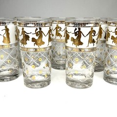 MCM Gold Grecian Goddess Design Glass Ice Bucket & 7 Highball Glasses Aldon