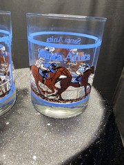 vintage Libbey Glass lowball whiskey glasses featuring a horse racing design…