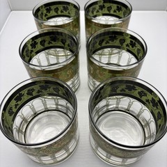 Vtg Set of (6) MCM Cera Green Golden Grapes & Columns Old Fashion Glasses 3 3/8”
