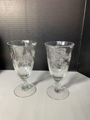 2 Heisey Glass Rose Etched 6 3/4 inch Footed Iced Tea Tumblers