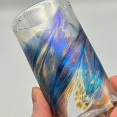 David Salazar Studio Art Glass Tumbler Iridescent Blue Pulled Feather 4″ Signed
