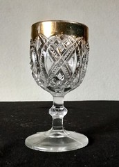EAPG Antique Crystal Glass CROSSED OVALS Wine or Cordial Glass with Gold Trim