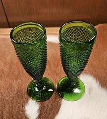 2 Vintage Ivima Handmade Green Cut Diamond Point Heavy Glass Flutes 1950’s Era
