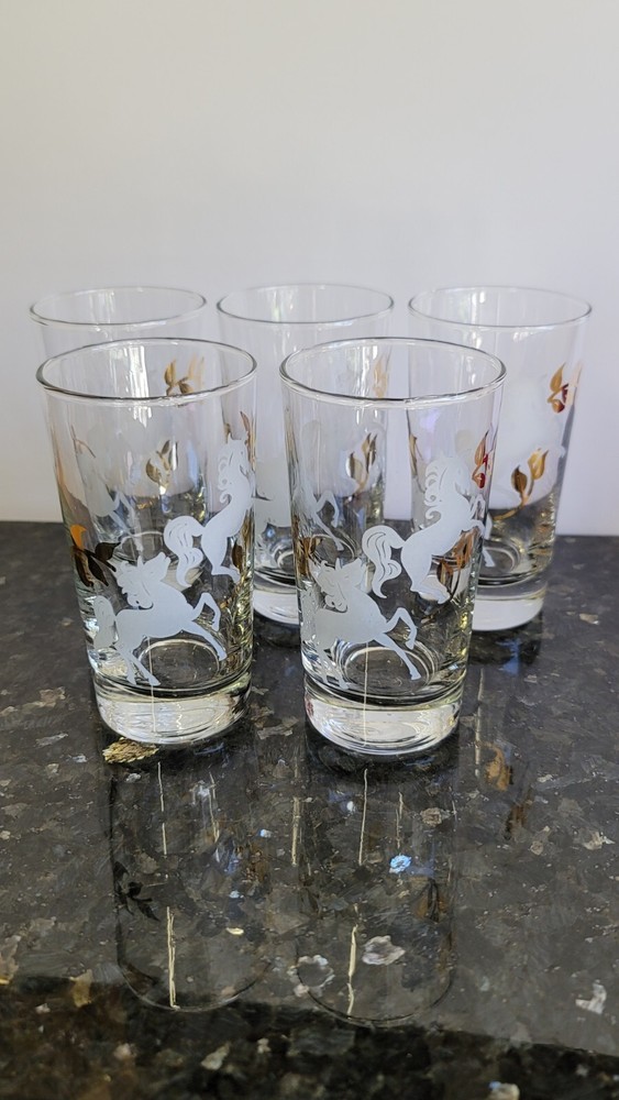 5pc Libbey Unicorn Glasses Tumblers Barware Gold & White 5.25″ Vintage Set Lot