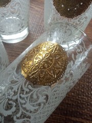 Vintage Libbey MCM White Lace Crown Gold Medallion Highball Glasses Set of 4 EUC