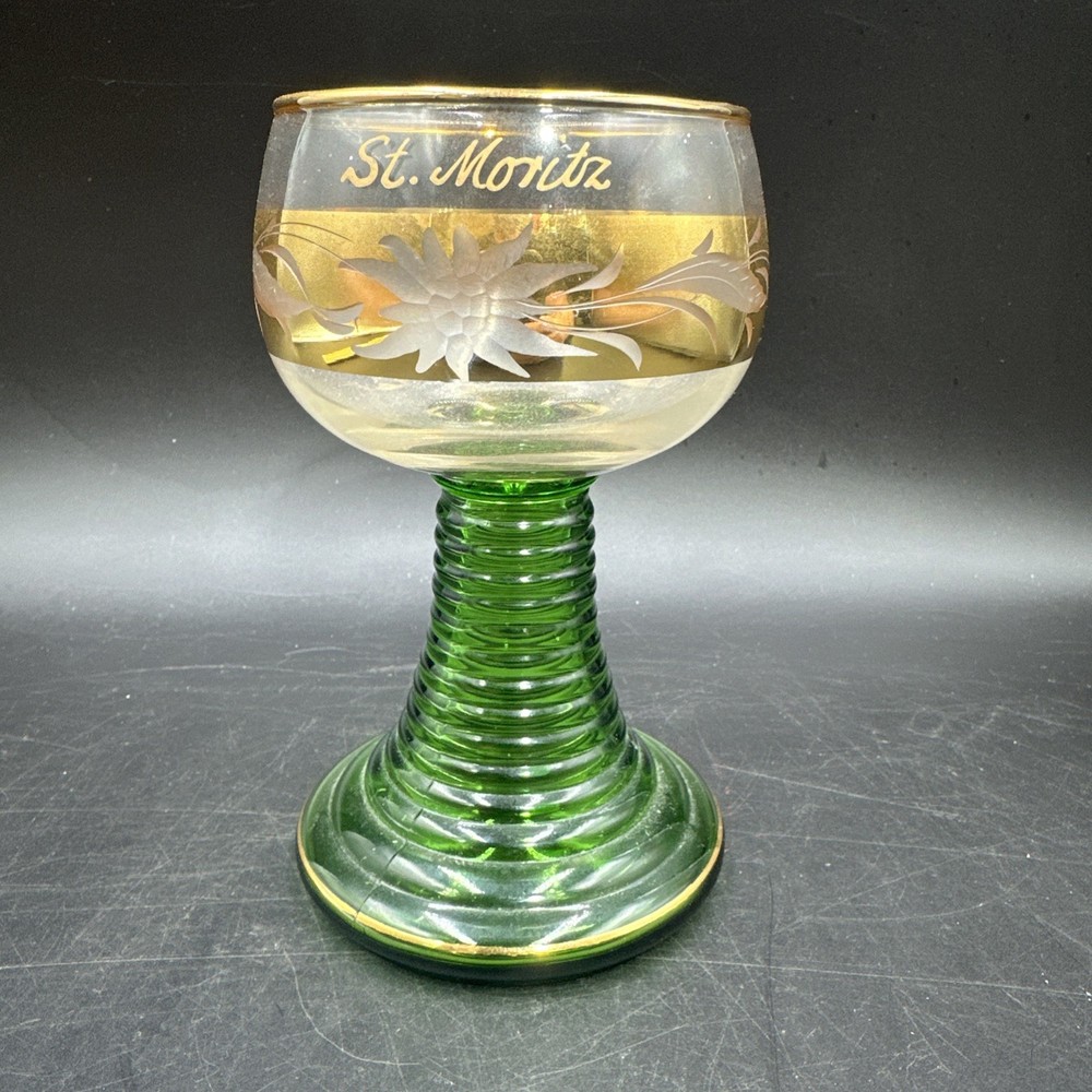 German Roemer Wine Glass Green Etched Signed Gold Trimmed Flower St. Moritz