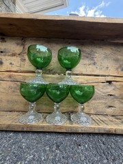 Vintage Set of 5 Emerald Green & Clear Goblets / Wine Glasses Bubble Foot