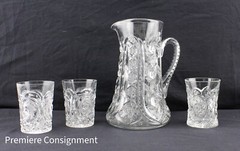 Vintage Antique Glass pitcher and 3 glasses set American Brilliance