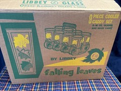 Vintage 1950s MCM Libbey Falling Leaves 9 Piece Caddy Set W/ Original Box S5