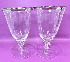 Vintage MCM Elegant Water Glasses Pressed Leaf Stem Platinum Band 6.5″ Set of 2
