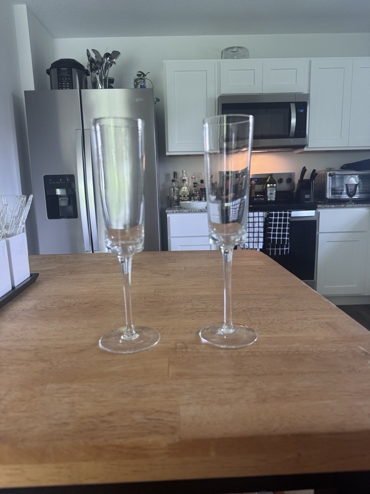 Elegant Pair Handblown Champagne Flutes 10.25” Tall Clear Glass