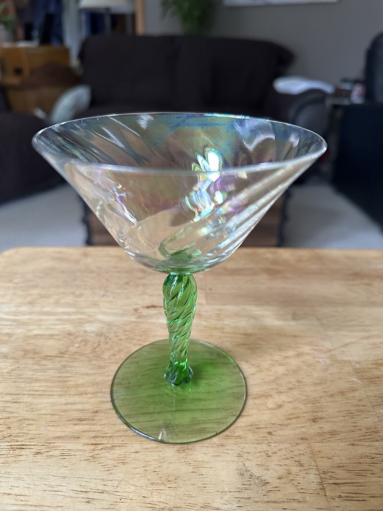 Iridescent Uranium Martini Glass with Green Twisted Stem by Tiffin-Franciscan