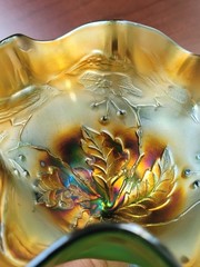Very Pretty Green Fenton Carnival Glass Birds & Cherries Ruffled Compote