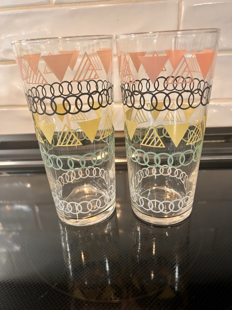 mcm geometric glasses, Pink, Yellow, Green Set Of 2 , 7” Tall