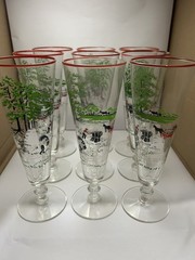 Libbey Currier & Ives Pilsner Clear Red Trim Farm Scene 1800’s 8 1/2″ T Set 9