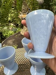 Set of 5 MINT Jeanette Glass Cherry Blossom Footed Juice Tumbler Delphite Blue