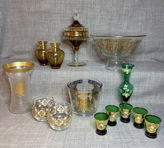 Murano Emerald Green Cordial Glass Gold Gilding and Enamel Flowers 5 pc Set