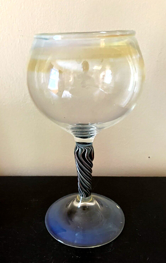 Handcrafted Art Glass Goblet Ornate Twisted Stem Unsigned 8 Oz 6.25″