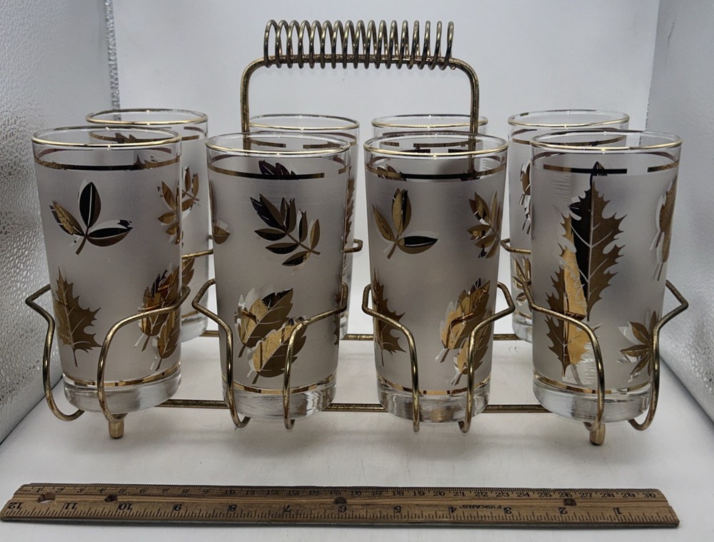1960’s Libbey Hollywood Regency Highball 8 Glasses + Brass Caddy BEAUTIFUL