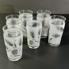 6-pc Vintage Libbey Frosted Glass Juice Glass Set MCM Wheat Pattern 3″