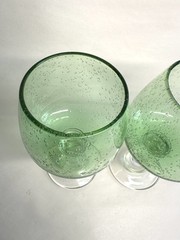 2 Hand Blown Green Wine Goblets Art Glass Controlled Bubbles Clear Stems 14oz