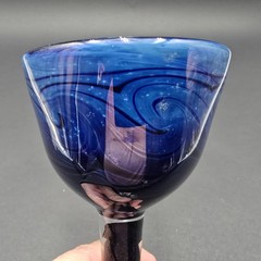 Hand Blown Glass Goblet Blue Swirl Signed Art Glass 9″