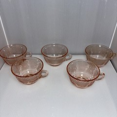 Set of 5 VTG Federal Glass, Normandie Bouquet and Lattice Pink Depression Cups