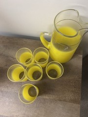 Vintage ~ Frosted Yellow BLENDO PITCHER & 6 GLASSES ~ West Virginia Glass ~ VG