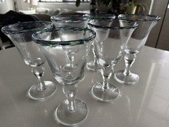 Set of 6 Hand-Blown Mexican Art margarita glasses – Cobalt Blue and green rim