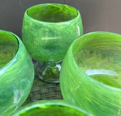 4 CRATE & BARREL Handblown Apple Green Glass Goblets Brandy Snifters Mexico