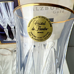 4 Salzburg Cristal De Flandre Champagne 24% Crystal Gold Flutes IOB France Vtg
