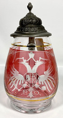 Vtg Bohemian Ruby Glass Cut Clear Gold Etch Bird Scroll Beer Stein Pewter Lid EX