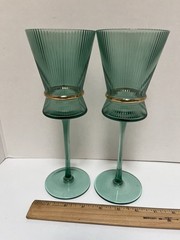 Crofton Ribbed Green Wine Glasses Goblets Gold Rim.