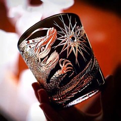 Premium Edo Kiriko Crystal Whiskey Tumbler Hand-Carved Black Dragon Rocks Glass