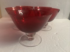 5 Vintage Cobalt Red -Clear Ball -Stem Bell Shape Hand Blown Glasses/Goblets