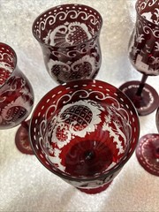 Antique Bohemian EGERMANN Cut to Clear Ruby Red Stemware Wine Glass Goblet Water