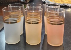 vintage frosted glasses pastel colors with gold trim set of 6