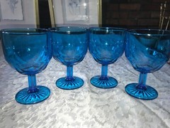 Set of 4 Vintage BARTLETT-COLLINS Glass TEAL Aqua BLUE Panel RIBBED 16oz GOBLET
