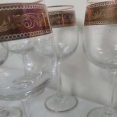 Lot of 6 Gold Rim Water Wine Stemware Ornate Glass and 5 champagne glass cups