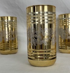 1960s Set Of 5 Gilt Gold Glass Cup Tumblers With Silver Roses, Clear Stripes MCM