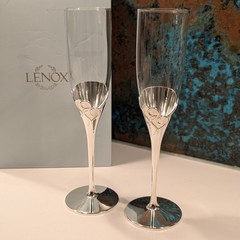 Lenox NIB True Love Toasting Champagne Flutes Pair (2 Piece Set) Silverplate NEW
