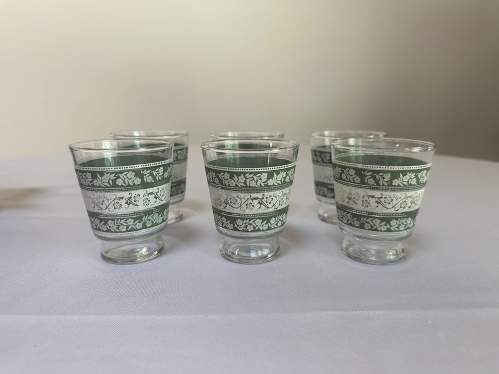 MCM Vintage Pristine Libbey Green And White Floral Print Drinking Glasses x 6