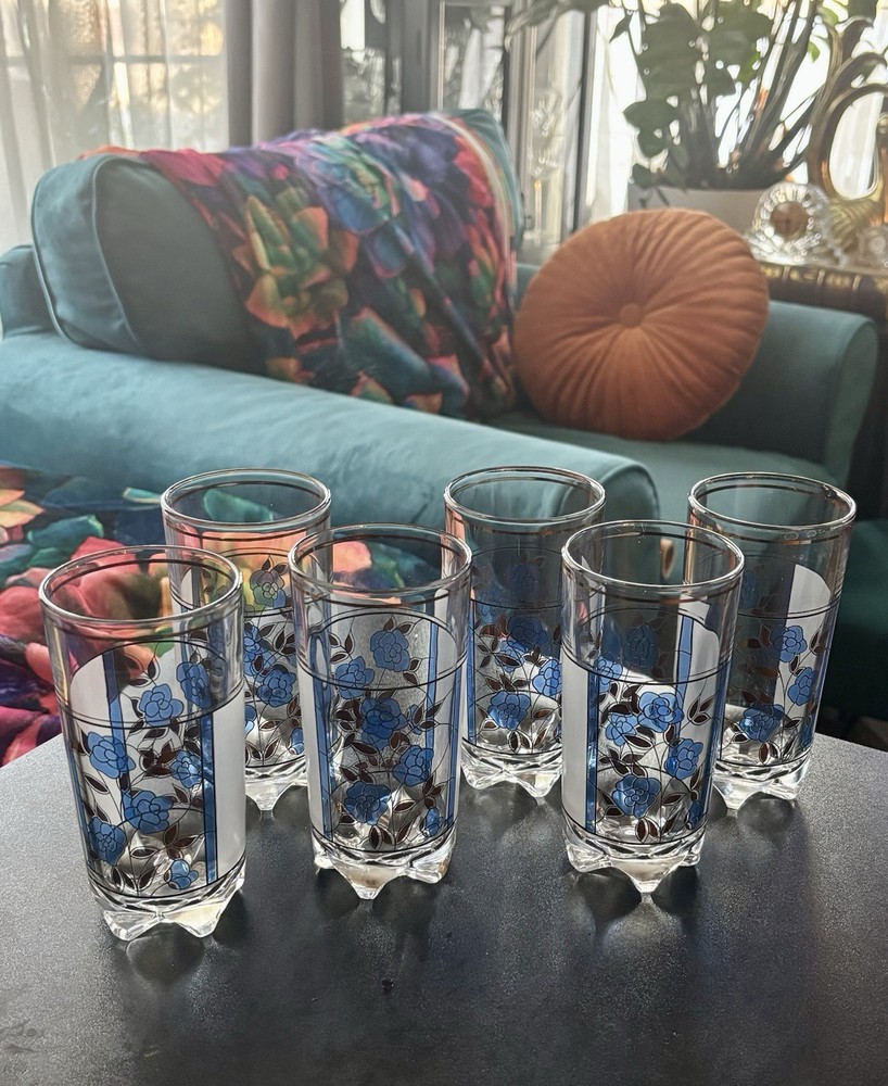 Vintage Decover Italy Stained-glass Style Blue Rose Glasses 5.5 H Set of 6