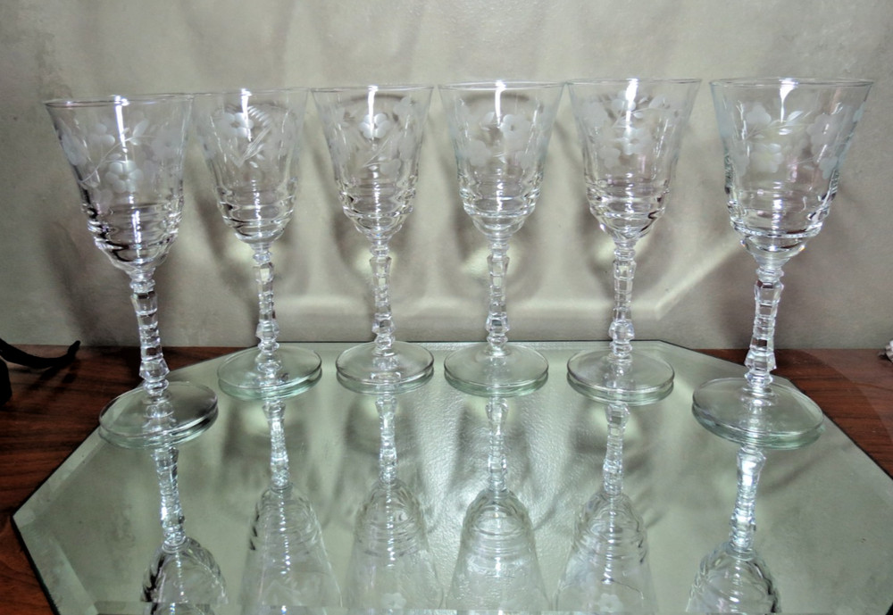6- Rock Sharpe 3005-2 Etched Floral Water Goblets 1930-1940