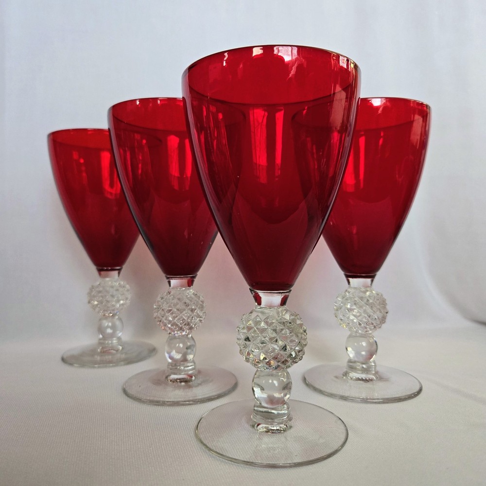 (4) Morgantown «GOLF BALL» Spanish Ruby Red Water Goblets 6-3/4”, EUC!