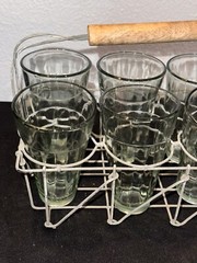 Mid Century Modern Set Of 8 Four Oz Cutting Chai Glasses & Metal Wire Caddy Wood