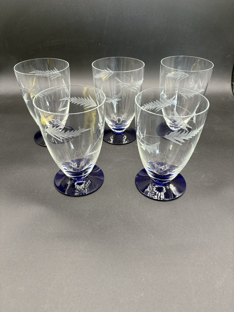Set of Five (5) Weston Louie Cobalt Blue Base Fern Etched Juice Glasses
